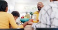 Black family, food and parents with children praying for breakfast, lunch and eating together. Home, religion and people Royalty Free Stock Photo