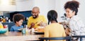 Black family, food and parents with kids for breakfast, lunch and eating together in home. Happy, serving and mom, dad Royalty Free Stock Photo