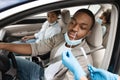 Black Family Getting Tested For Coronavirus In Car, Wearing Masks Royalty Free Stock Photo