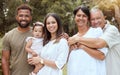 Black family, happy and hug with people bonding in nature spending quality time together. Portrait of a mama, baby and Royalty Free Stock Photo