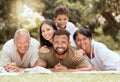 Black family, happy lying portrait on lawn blanket and summer sunshine in garden together on grass. Mom dad, child Royalty Free Stock Photo