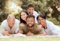 Black family, happy lying portrait on lawn blanket and summer sunshine in garden together on grass. Mom dad, child