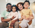 Black family, home portrait and living room sofa of mama, father and children with happiness. Happy, smile and bonding Royalty Free Stock Photo