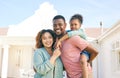 Black family, portrait smile and hug for real estate, new home or property together in the outdoors. Happy mother and Royalty Free Stock Photo