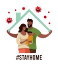 A black family in self isolation at home. Poster stay home during the coronavirus epidemic CoVID-19. Fight the spread of the