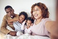 Black family, selfie and funny face portrait in home bedroom, smile and having fun together. Interracial, comic and Royalty Free Stock Photo