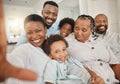 Black family, selfie and living room sofa with a mother, children and grandma together. Love, portrait and bonding of a