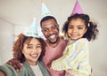 Black family, selfie smile and birthday portrait in home and having fun at party celebration. Interracial, love and Royalty Free Stock Photo