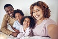 Black family, selfie smile and portrait in home bedroom, bonding and having fun together. Interracial, love and father Royalty Free Stock Photo