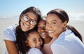 Black family, summer and kids portrait at ocean with mom enjoying USA vacation in sunshine. Love, care and happy family Royalty Free Stock Photo