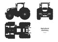 Black farmer tractor silhouette. Isolated agricultural machine. Top, side and front views of farmer vehicle