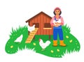 Happy smiling black farmer woman near chicken coop with hens rooster and little chicks Royalty Free Stock Photo