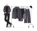 Black fashion collection. Happy man designer and clothes, dress, pants, jacket. Isolated cartoon stylish male vector