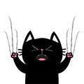 Black fat cat nail claw scratch glass. Screaming kitten. Cute cartoon funny character. Excoriation track line shape. Baby pet coll