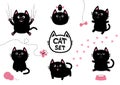 Black fat cat set. Bird, butterfly, bow, pawprint, clew ball, paw print. Nail claw scratch, sitting, smiling. Cute cartoon charact