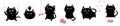 Black fat cat set. Bird, butterfly, bow, pawprint, clew ball paw print. Nail claw scratch, sitting, smiling. White background.