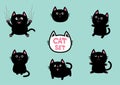 Black fat cat set. Cute cartoon screaming funny character head. Nail claw scratch, sitting, smiling. Excoriation track line.