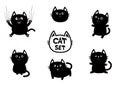 Black fat cat set. Cute cartoon screaming funny character head. Nail claw scratch, sitting, smiling. Excoriation track line. Baby