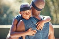 Black father, child or hug on basketball court in sports game, winner match and success in workout, training and