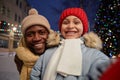 Black father and daughter taking selfie photo in winter outdoors Royalty Free Stock Photo