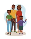 Black father and mother with their children are standing. Vector illustration of happy parents with daughter and son