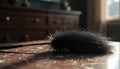 Black feather duster rests on polished marble table surface. Soft plumes ready for dusting delicate objects and home surfaces. Royalty Free Stock Photo