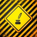 Black Feather and inkwell icon isolated on yellow background. Warning sign. Vector Royalty Free Stock Photo