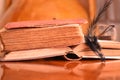 Black feather on old books on wood table reading for university school education