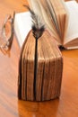 Black feather on old books on wood table reading for university school education