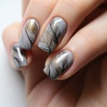 Stunning Feather-inspired Artistic Nails With Gray And Gold Leaves