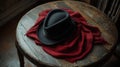 Black Fedora Hat Rests on a Red Scarf Royalty Free Stock Photo