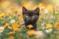 A black Felidae kitten is amidst yellow flowers in a grassy field