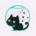 Black Feline cat with cyan bowl, and water droplets Royalty Free Stock Photo