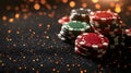 A black felt surface with poker chips scattered around the outside edge of the frame. On a dark black background. T Royalty Free Stock Photo