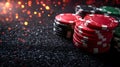 A black felt surface with poker chips scattered around the outside edge of the frame. On a dark black background. T Royalty Free Stock Photo