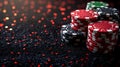 A black felt surface with poker chips scattered around the outside edge of the frame. On a dark black background. T Royalty Free Stock Photo
