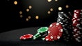A black felt surface with poker chips scattered around the outside edge of the frame. On a dark black background. T Royalty Free Stock Photo
