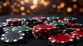 A black felt surface with poker chips scattered around the outside edge of the frame. On a dark black background. T Royalty Free Stock Photo