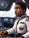 black female astronaut space ship station comander close up 3d character