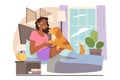 Black female character with a dog lie in the bed together. Happy woman Royalty Free Stock Photo