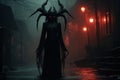 black female demon silhouette with horns on a foggy night small street
