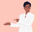 Black female doctor in medical uniform pointing and showing smth with hand. Vector flat illustration