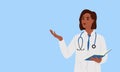 A black female doctor in a white coat is pointing at something. Banner for hospital and clinic.
