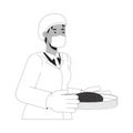 Black female food technologist black and white 2D line cartoon character