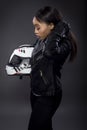 Female Motorcycle Rider Or Racer With Helmet