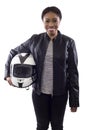 Black Female Racer or Biker or Stunt Woman Holding a Helmet Royalty Free Stock Photo