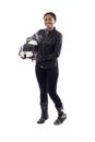 Black Female Racer or Biker or Stunt Woman Holding a Helmet Royalty Free Stock Photo