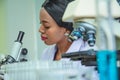 Black female scientist use microscope and test tube chemical ingredient to conduct research in laboratory,testing sample
