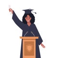 Black female student standing on a podium with diploma