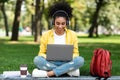 Black Female Student Using Laptop Having Online Class In Park Royalty Free Stock Photo